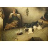 Attributed to George Armfield (British 1810-1893) - Kitchen scene with three terriers surrounding