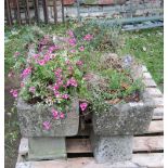A pair of weathered contemporary cast composition stone flower troughs of rectangular form, each