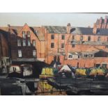 Tom Bower (20th century British school) - Canal Barges at Gas Street Basin, Birmingham, oil on