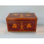 19th century boxwood inlaid flame mahogany tea caddy, 29cm wide; together with two relief moulded