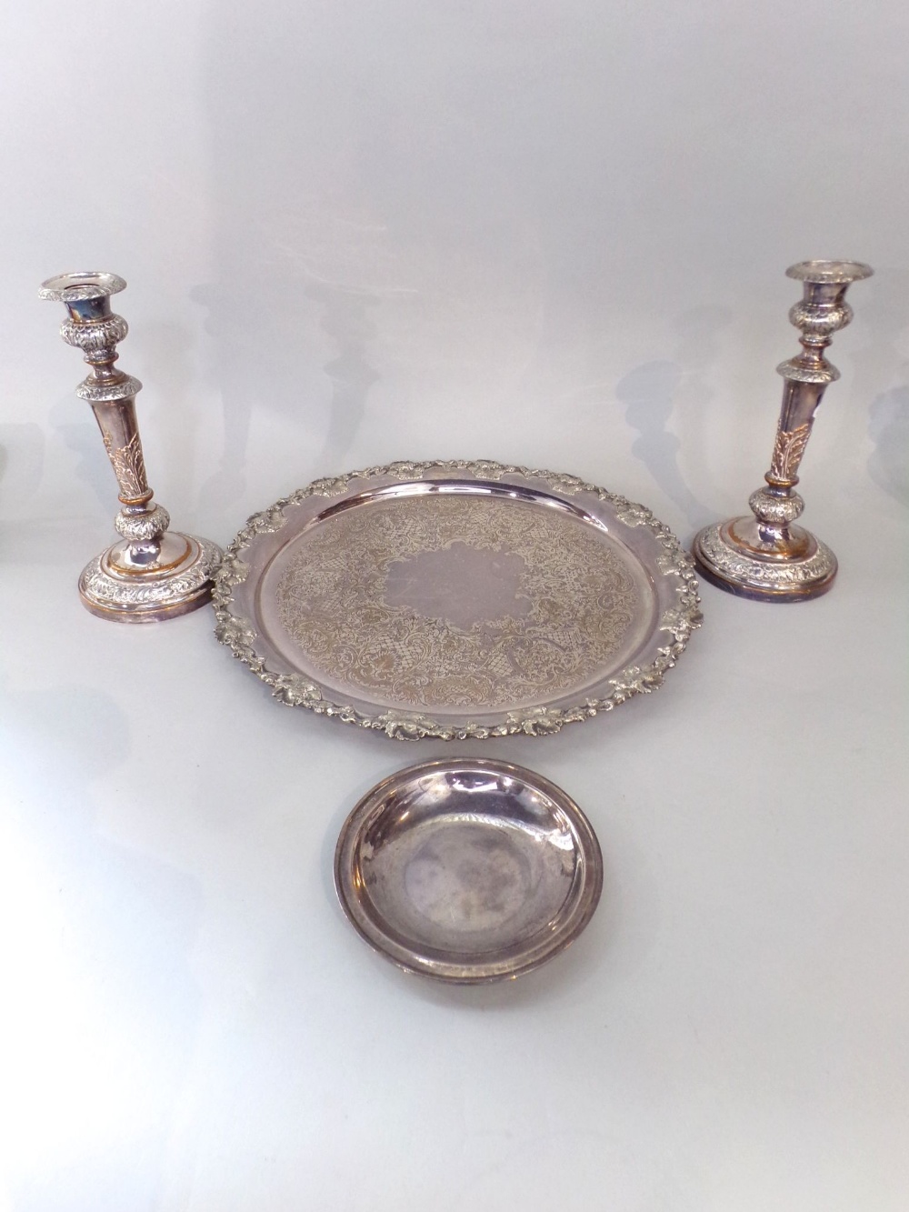 Pair of twin handled silver plated compania and urn/wine coolers, chased with scrolled foliage