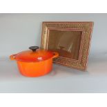 Indian Vizagapatam easel frame, 27 x 34cm, together with a Le Crueset burnt orange lidded Dutch oven