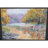 M Bishop - (20th century British) - Impressionist style lake scene - oil on paper, signed, 28 x 39cm