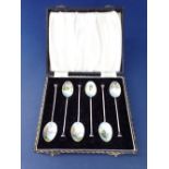 Good silver and enamel coffee spoons, the bowls with landscape scenes and knop ends, cased, maker