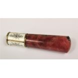 Russian gold-set hardstone and enamel parasol handle of tapering form, carved of rhodonite with