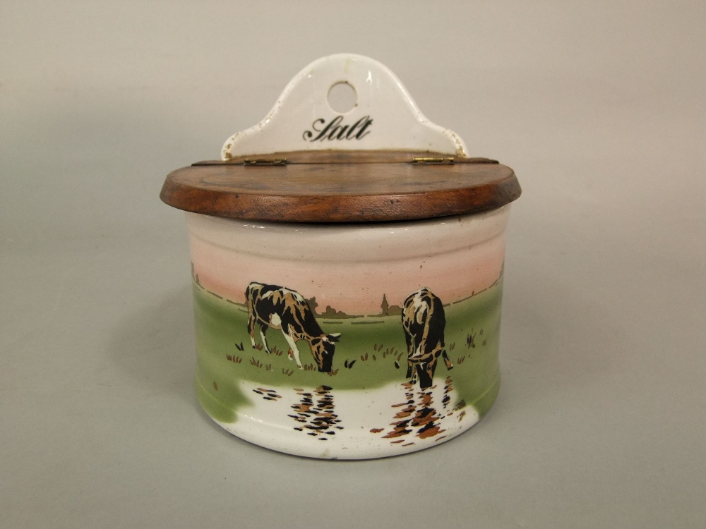 An early 20th century ceramic wall hanging salt crock with printed decoration of cattle with - Image 2 of 3