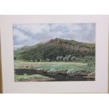 20th century school - Landscape with cattle watering, oil on card, unsigned, 28 x 38cm, framed