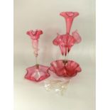 19th century cranberry glass epergne, 46cm high, together with a further single branch epergne, 36cm