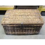 A vintage wicker laundry basket with rope twist handles, further vintage wares to include a brass