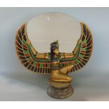Art deco style Egyptian revival cast resin dressing mirror in the form of a winged dancer upon a