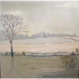 20th/21st century school - Winter landscape study, painted fabric and embroidered detail, 97.5 x