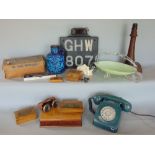 A box of interesting items to include GPO telephone, carved wooden light house lamp, various treen