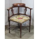 Two Edwardian lightweight corner chairs of varying design, a pair of Victorian balloon back dining