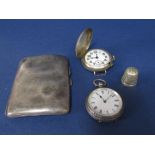 Mixed collection of silver to include a silver cigarette case, thimble, fob watch and further silver