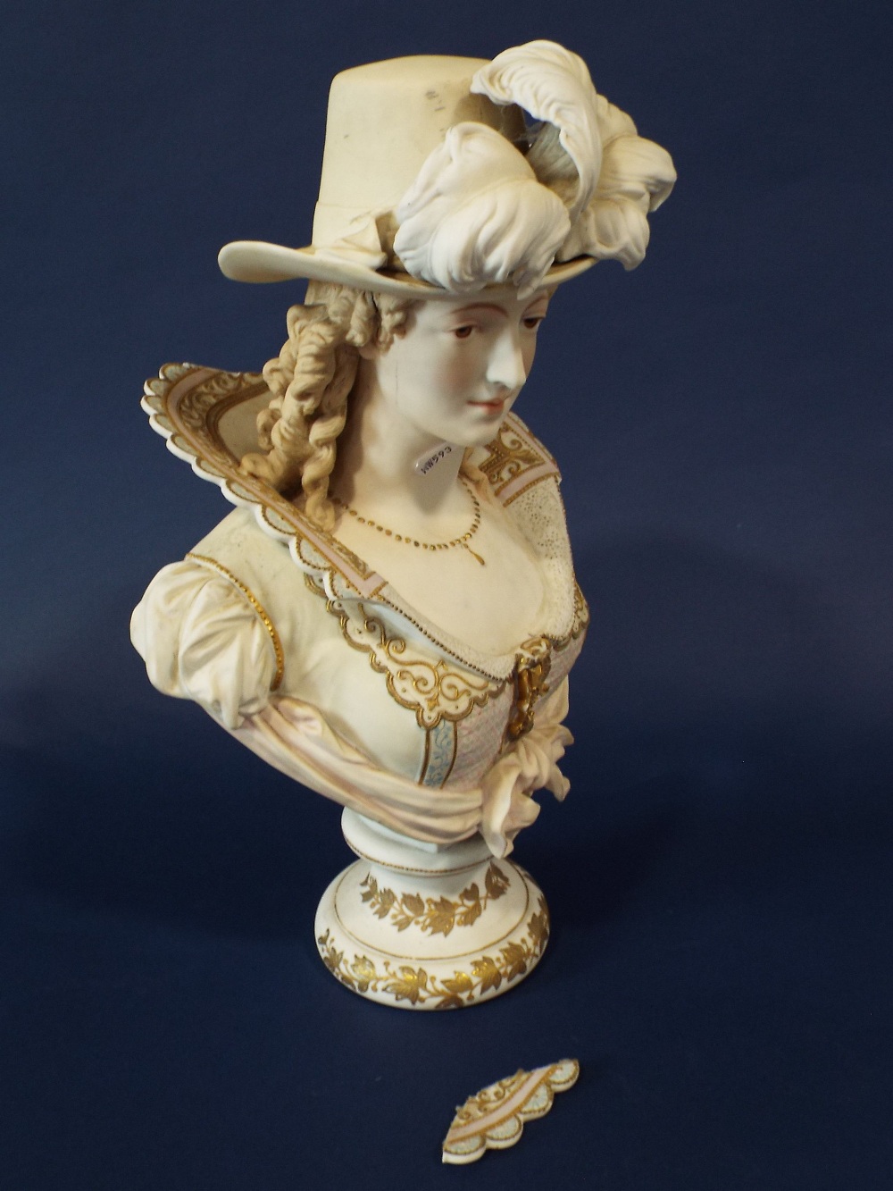 A large 19th century continental parian bust of an elegant lady in 17th century style costume raised - Image 3 of 4