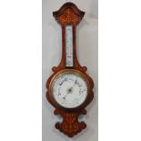 Edwardian Sheraton style inlaid rosewood banjo aneroid barometer/thermometer, 82cm high