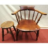 A Windsor stool with dished elm seat on turned supports, together with a Windsor captain's chair