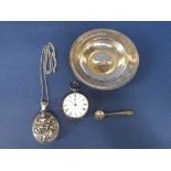 A mixed collection of silver to include a silver alms dish, salt spoon, continental silver fob watch
