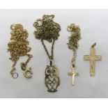 Collection of 9ct chain necklaces and pendants comprising a rope twist chain with openwork owl