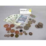 Mixed coinage including crowns (Queen Elizabeth II), sixpences,etch, bank notes including £5 note