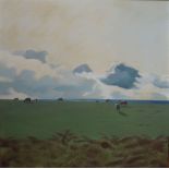 Reid (20th century British) - open landscape with grazing sheep, oil on board, signed, 53 x 53 cm