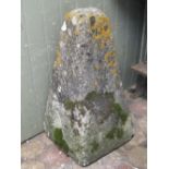 A weathered natural stone staddlestone base of inverted square tapered form, 76cm high, together