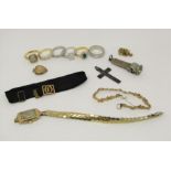 Mixed lot comprising an inscribed 9ct ladies cocktail watch head on associated strap, a 9ct fancy