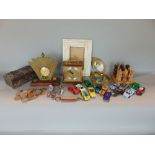 A collection of miscellaneous items to include an Art Deco clock, a piano key ivory frame, various