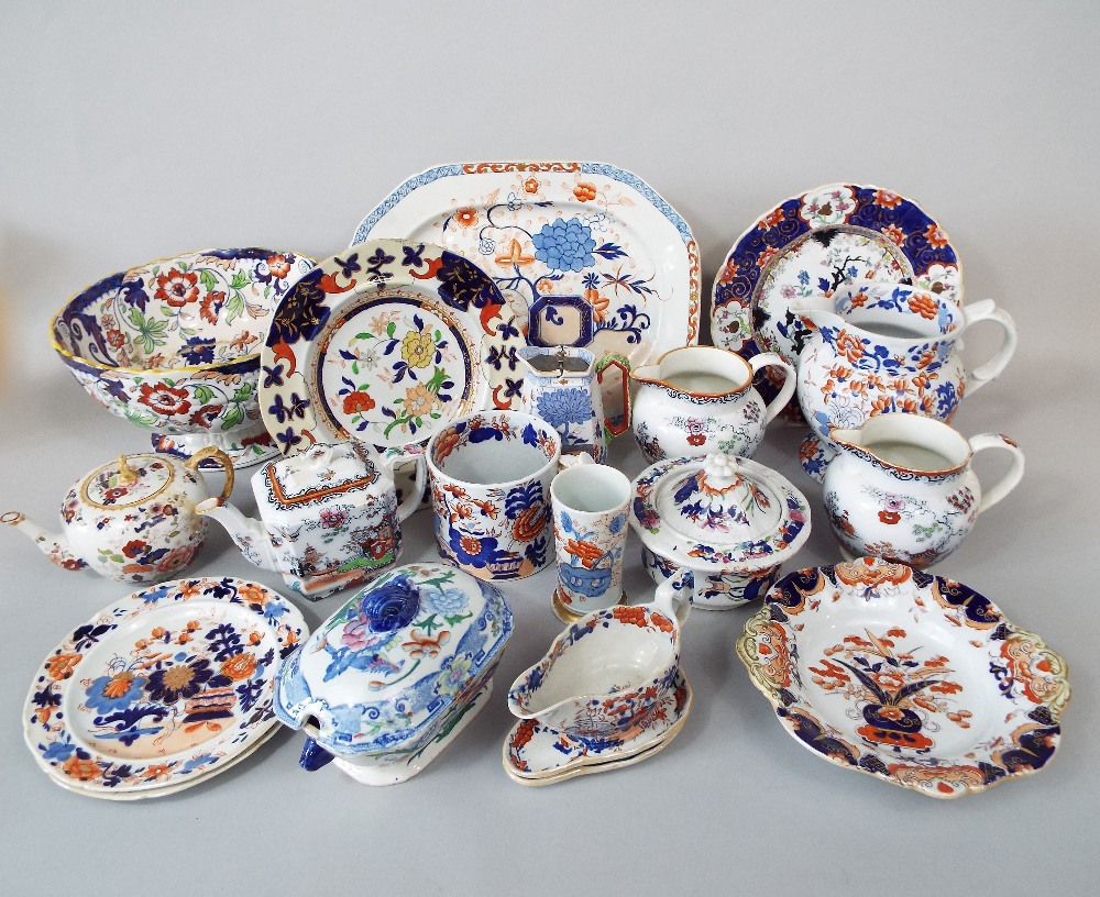 A collection of 19th century Mason's Ironstone china including a sauce tureen and cover, a hot water