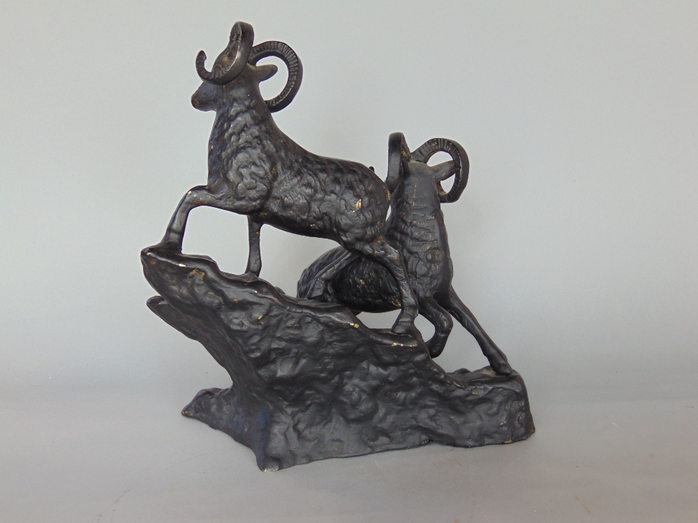 Ebonised cast brass/bronze study of two mountain goats on a naturalistic base, 20cm high - Image 2 of 2