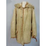 Vintage Inuit style sheepskin coat, with suede outer, trimmed with brown leather binding, thick