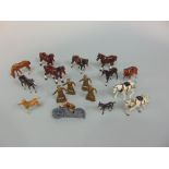 Collection of 13 W Britains farm and other horses, many in harness together with four W Britains