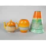 Three pieces of Shelley wares including a drip ware vase of tapering form 24 cm tall, a drip ware