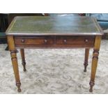 A 19th century mahogany two drawer writing table with inset leather panel top, raised on four turned