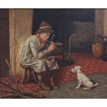 P J Gibson (20th century British) - Interior scene with rustic boy playing his pipe and