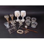 A mixed collection of glassware to include four silver topped trifle/dessert bowls, a pair of