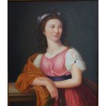 A reproduction late 18th century style half length portrait on canvas of a young woman in pink dress