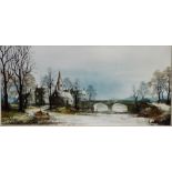 Ronald Folland (British 1932-1999) - River scene with twin arched bridge, church spire, etc, oil