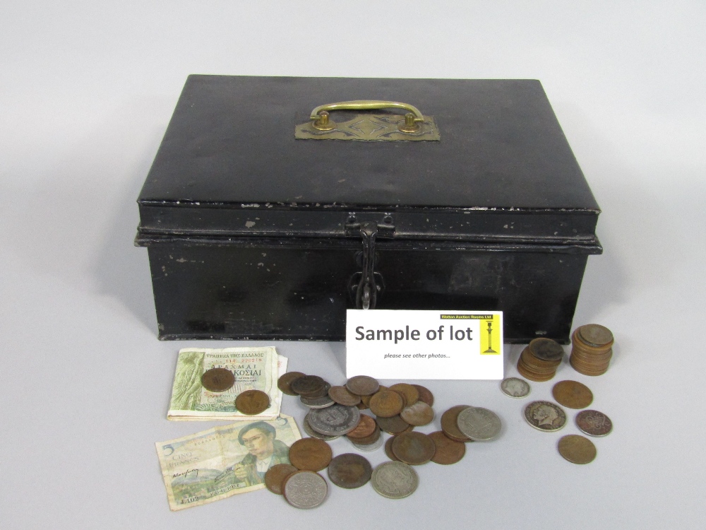 A tin strong box containing a collection of various 19th century and later coinage to include silver