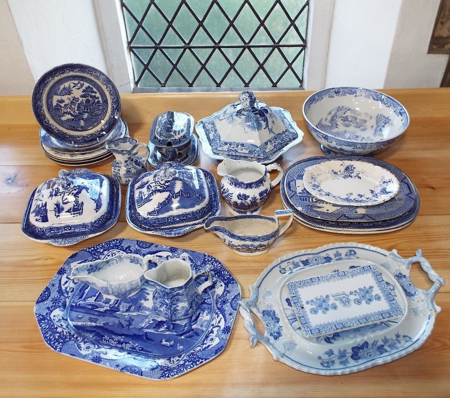 An early 19th century Masons Ironstone blue and white printed tureen and cover of hexagonal form