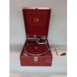 Interesting HMV box gramophone with red leather colourway, 29 cm wide