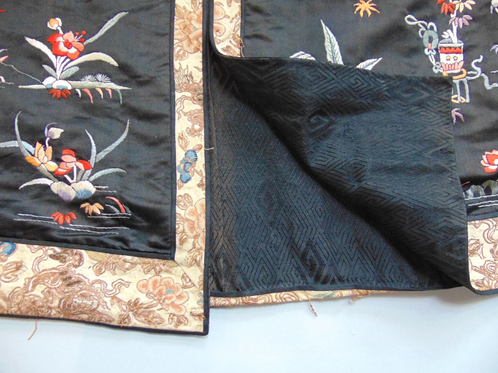 Late 19th/ early 20th century Chinese robe with black silk ground extensively embroidered with - Image 5 of 9