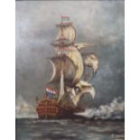 After Van De Velde - (19th century school) marine scene with battleship, oil on board with signature