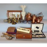 A box containing a collection of various antique copper and metalware, together with a small
