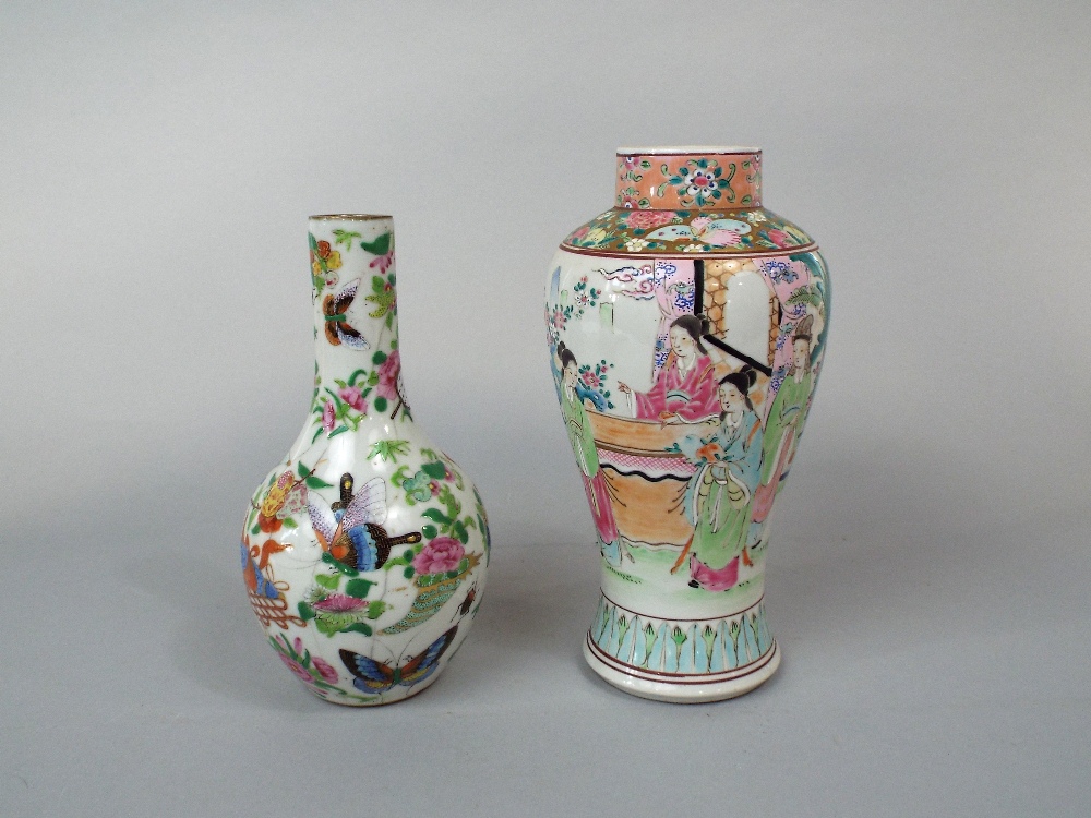 A 19th century Cantonese bottle shaped vase with polychrome painted insect, fish and trophy