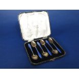 Cased set of six, possibly Scandinavian 925 white metal gilt and guilloche enamel coffee spoons, the