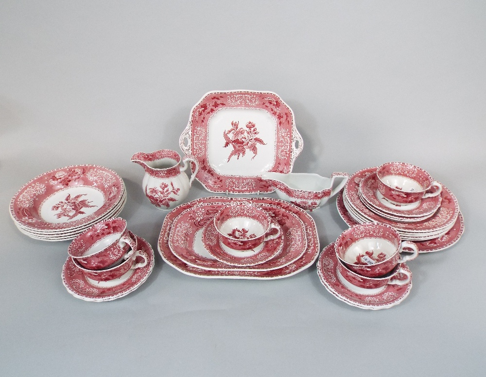 A collection of Copeland Spode Camilla pattern pink printed dinner and teawares comprising two