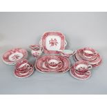 A collection of Copeland Spode Camilla pattern pink printed dinner and teawares comprising two