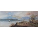 Edwin Earp - (British 1851-1945) - Mountainous lakeland scene with figures, fishing boats, etc,