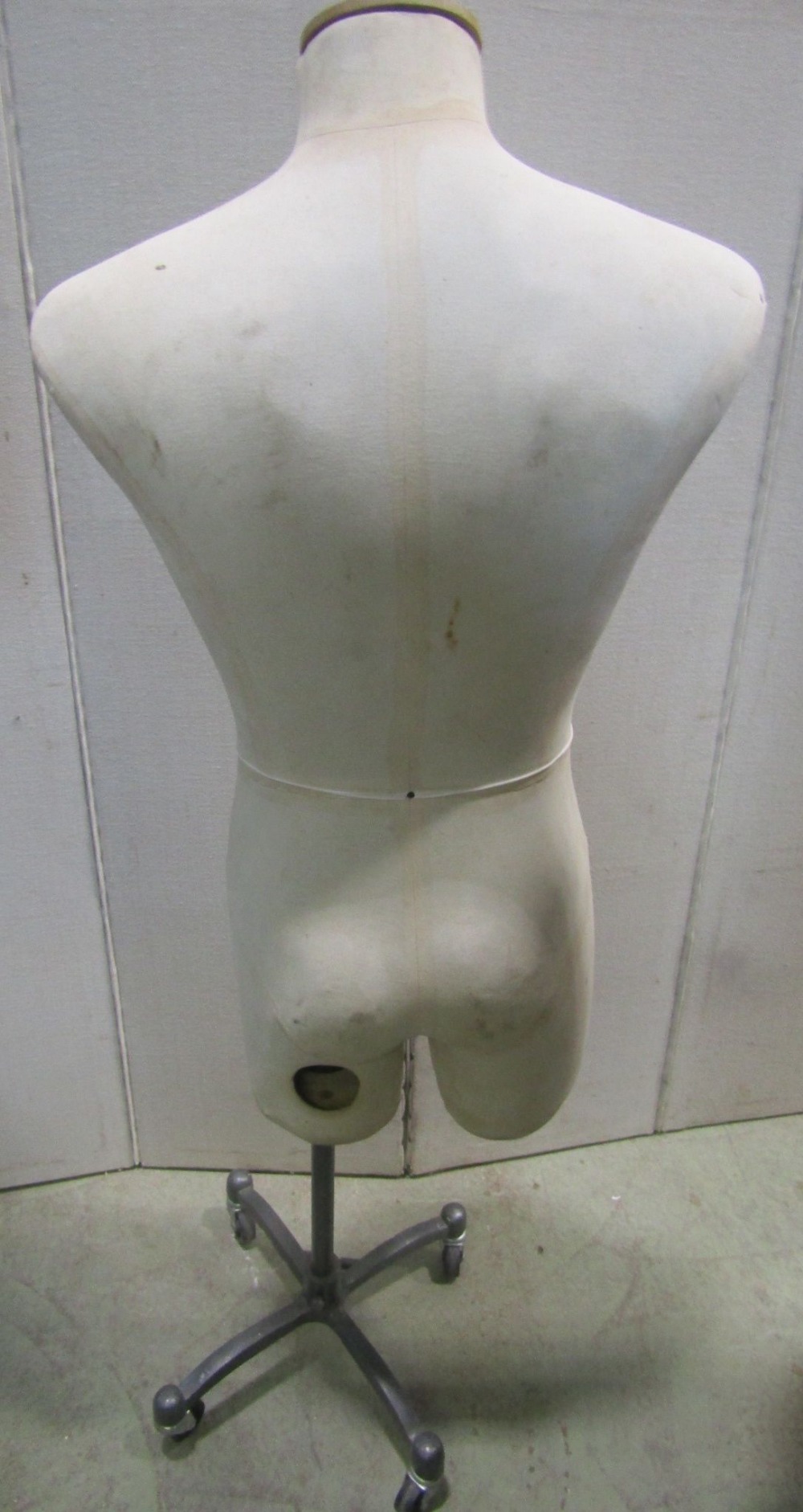 A vintage tailors/shop display mannequin labelled Aubin & Wills raised on a cast alloy stand with - Image 2 of 2